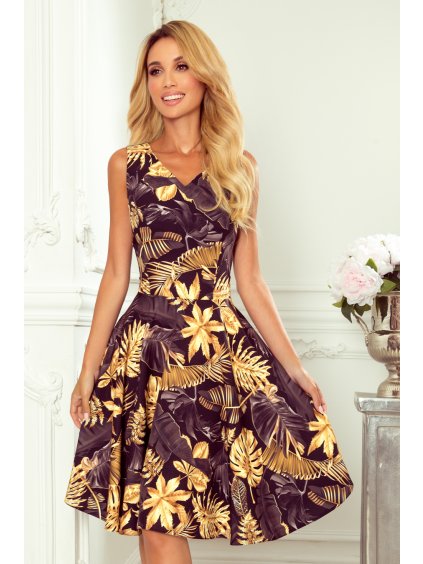 Elegantné čierno/žlté šaty s lístím ARIANNA