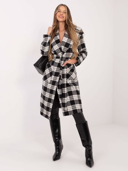 Čierno-biely károvaný dlhý dámsky kabát