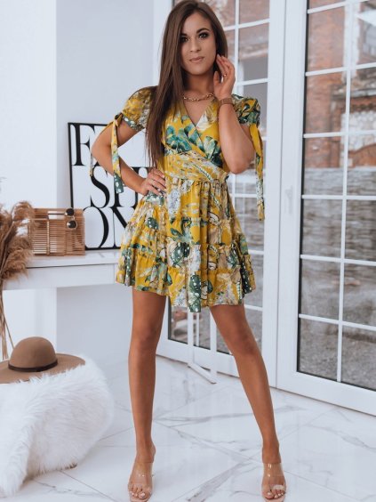 Žlté šaty s motívom zelených listov