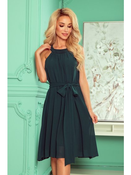 Tmavozelené šifónové šaty s opaskom ALIZEE