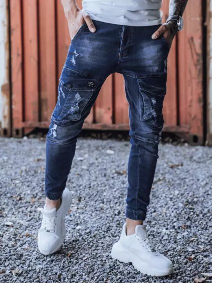 Zastrene modré dierované džínsy