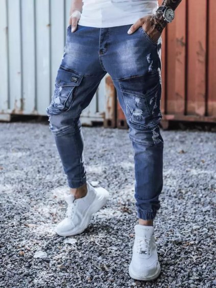 Modro-šedé dierované džínsy