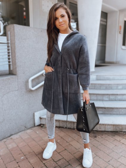 Tmavo šedý chlpatý kardigan s kapucňou melby