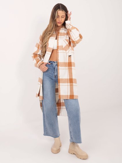 Oranžovo-biela predĺžená košeľa s károvaním