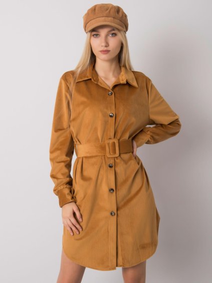 Svetlo hnedé menčestrové šaty s opaskom