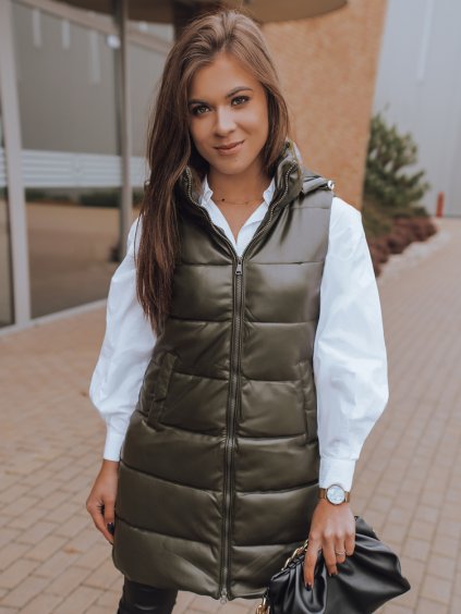 Khaki dámska prešívaná vesta s kapucňou
