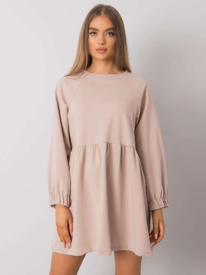 Béžové mini mikinové šaty s dlhými rukávmi