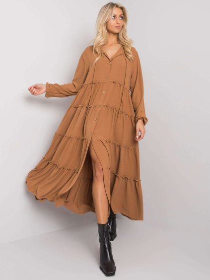 Svetlo hnedé maxi šaty s riasením