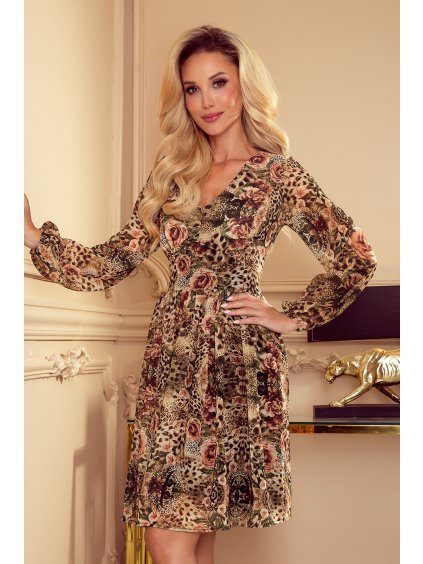 Šifónové šaty s výstrihom- vzor béžový leopard ELIZABETH
