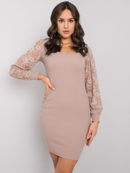 Béžové upnuté šaty Kayley s čipkovými rukávmi
