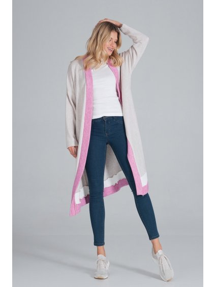 Béžový kardigan s bielym pruhom a ružovým lemovaním