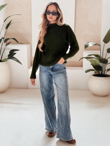 Tmavozelený voľný pletený sveter CAMERON
