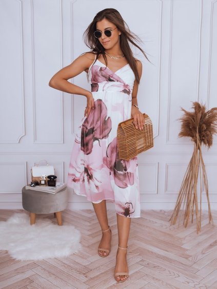 Biele midi šaty s ružovým vzorom