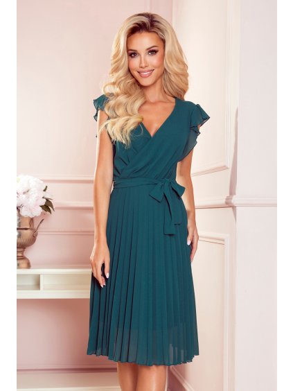 Zelené plisované šaty s výstrihom a volánikmi JINNY