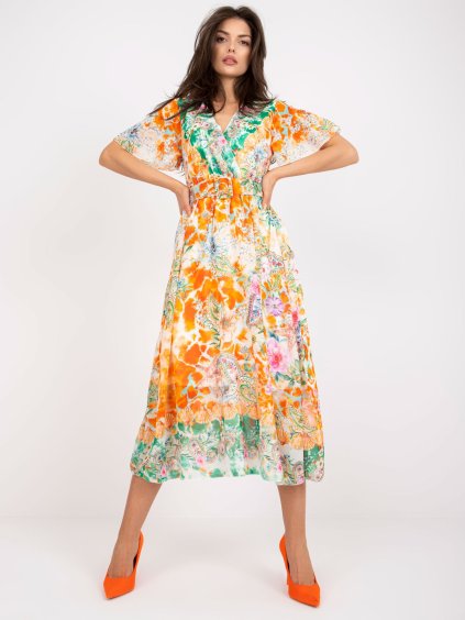 Oranžové ľahké midišaty s opaskom