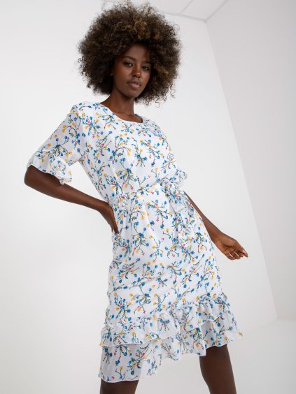 Biele volánikové šaty s farebnými kvetmi