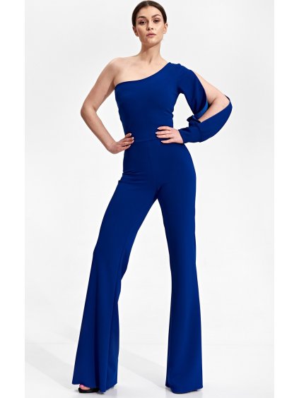 Zafírovo-modrý elegantný overal s jedným rukávom