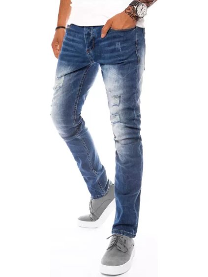 Modré dierované džínsy s presvetlením