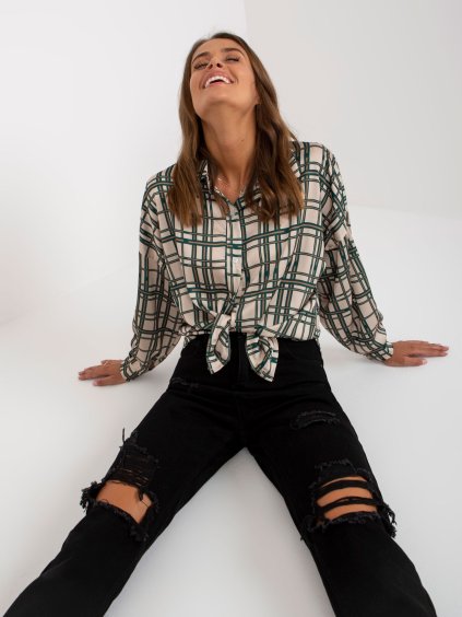 Károvaná voľná košeľa - béžová/zelená