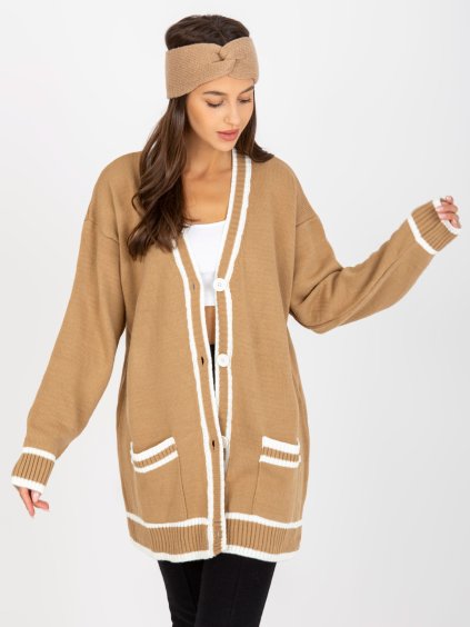 Béžový dlhý sveter s gombíkmi a lemovaním