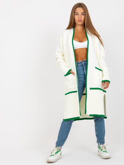 Smotanový kardigán so zeleným lemovaním a vreckami