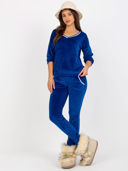 Kobaltový velúrový komplet trička a nohavíc s lemovaním