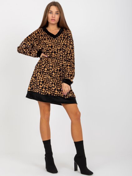 Béžovo-čierne velúrové šaty s vreckami