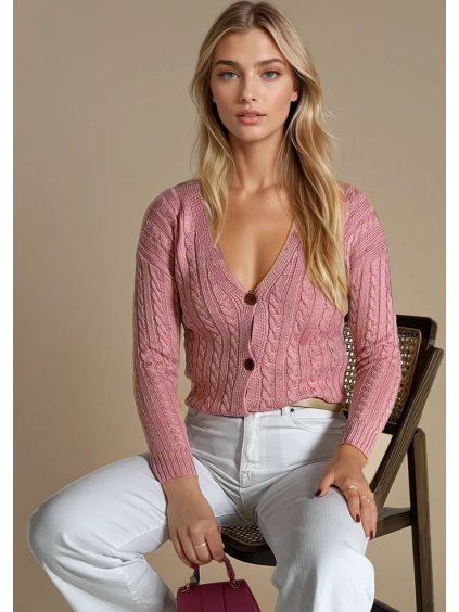 Svetloružový vrkôčikový sveter RIGLA na gombíky