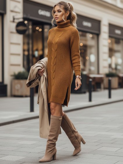 Hnedé rolákové pletené šaty MERCIA