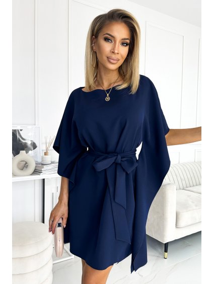 Elegantné šaty NICOLA s pásikom - tmavomodré (Veľkosť S/M)