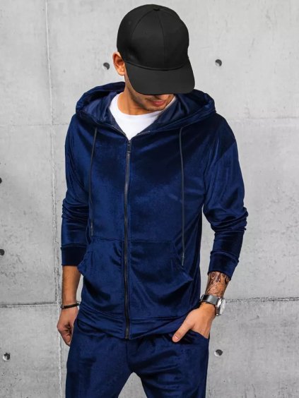 Tmavomodrá velúrová mikina s kapucňou a na zips