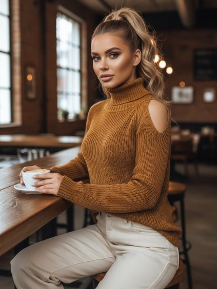 Horčicový pletený rolák s prestrihmi ARIEL