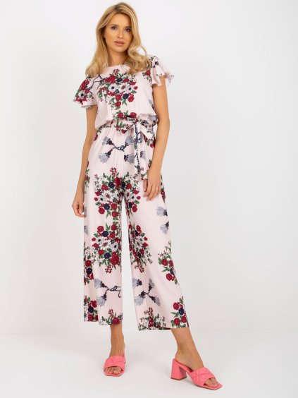 Svetloružový kvetinový overal so širokými nohavicami