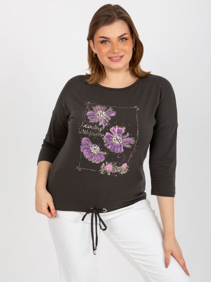 Tmavá-khaki blúzka s kvetinovým nápisom