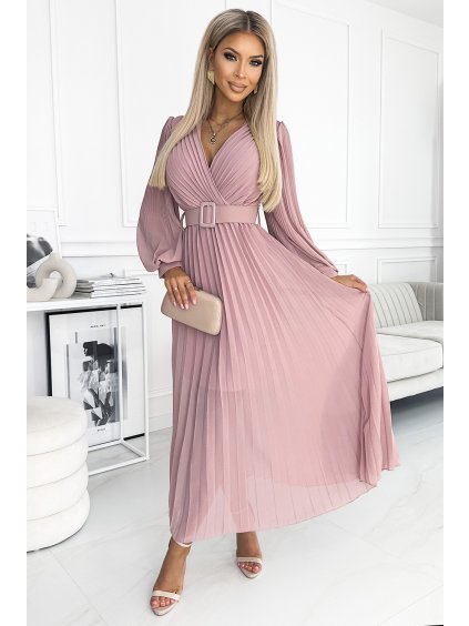 Skladané púdrové šifónové šaty s dlhými rukávmi a opaskom KLARA