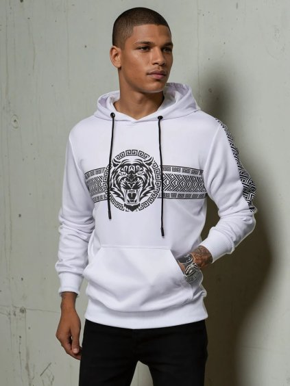 Biela pánska mikina s kapucňou a potlačou