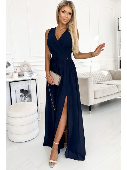 Dlhé tmavo modré spoločenské šaty s výstrihom GERDA