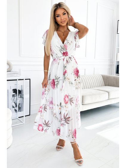 Plisované biele kvetované midi šaty s výstrihom a volánikmi MEDIE