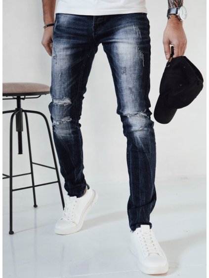 Tmavomodré pánske džínsy s bielymi odreninami