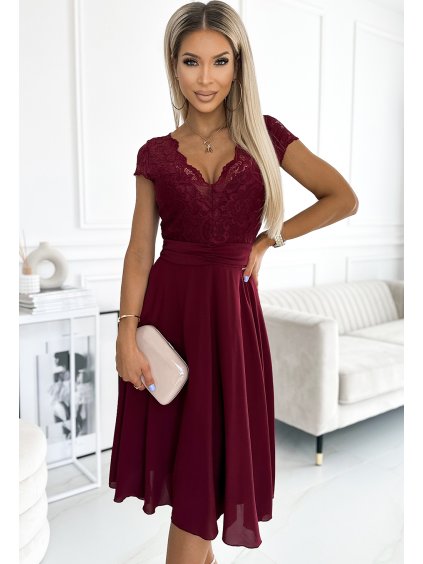 Bordó šifónové šaty s čipkovým výstrihom ALEXIS