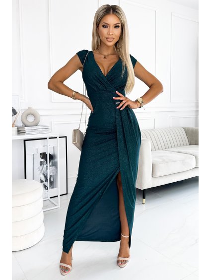 Tmavozelené šaty s trblietkami a rozparkom na nohe MARGE