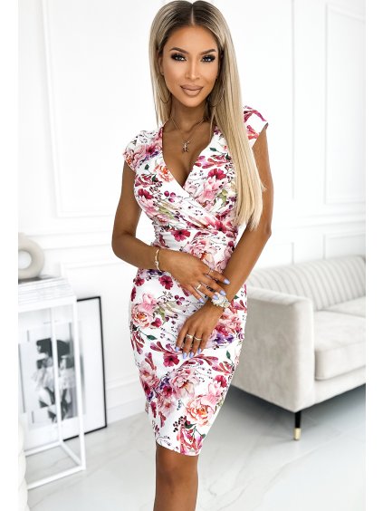 Kvetované vypasované šaty s výstrihom LIDIA