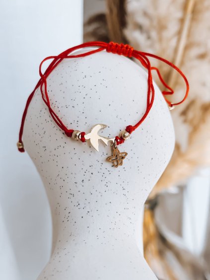 Červený náramok HEARTBEAT s vtáčikom a kvetinkami