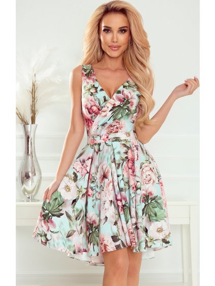 Kvetované asymetrické šaty s výstrihom a pásikom MAYA