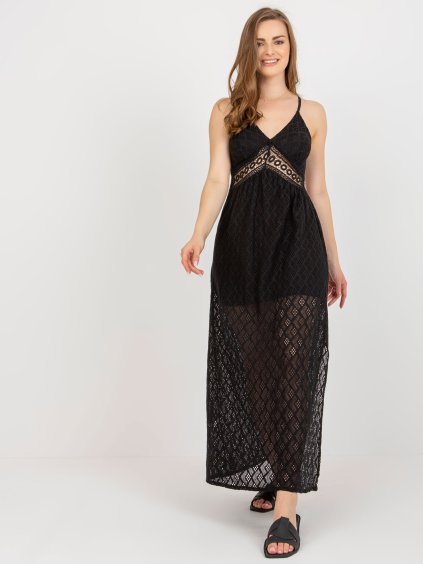 Čierne midi šaty na ramienka s čipkovou sukňou