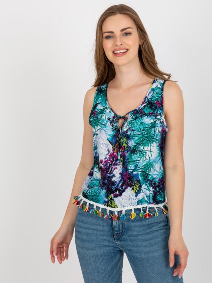 Modro-zelený nátelník s potlačou a strapcami