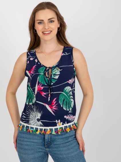 Tmavomodrý nátelník s potlačou a strapcami