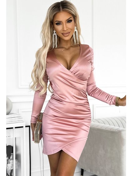 Ružové saténové šaty s výstrihom a dlhým rukávom BARBIE