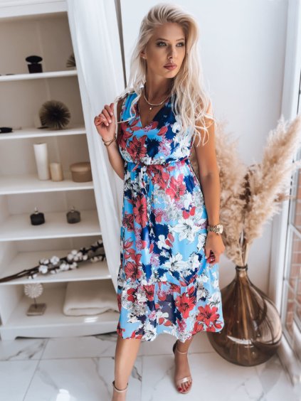 Modro-červené midi šaty s kvetinovou potlačou MADAM