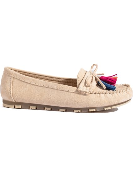 Béžové boho semišové mokasíny so strapcami Shelvt